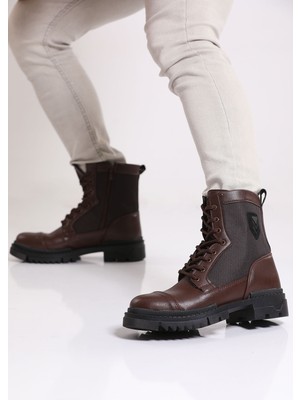 Julude Kahve Erkek Yan Arma Detaylı Bağcıklı Fermuarlı Bot P-00001588