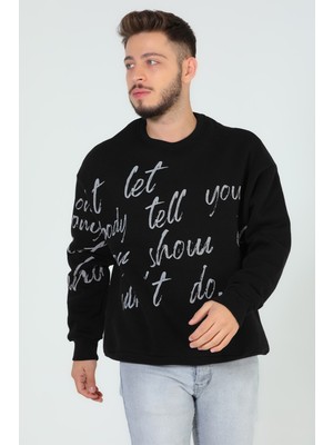 Julude Siyah Erkek Bisiklet Yaka Baskılı Üç Iplik Şardonlu Sweatshirt P-00005274