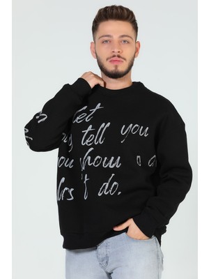 Julude Siyah Erkek Bisiklet Yaka Baskılı Üç Iplik Şardonlu Sweatshirt P-00005274