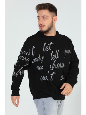 Julude Siyah Erkek Bisiklet Yaka Baskılı Üç Iplik Şardonlu Sweatshirt P-00005274