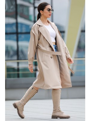 Julude Bej Kadın Kruvaze Yaka Astarlı Bel Kuşaklı Tarz Trençkot P-00007578