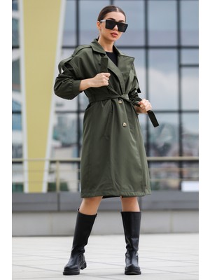 Julude Haki Kadın Kruvaze Yaka Astarlı Bel Kuşaklı Tarz Trençkot P-00007578