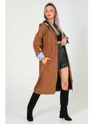 Julude Camel Kadın Kapüşonlu Bel Lastikli Uzun Trençkot P-00005908
