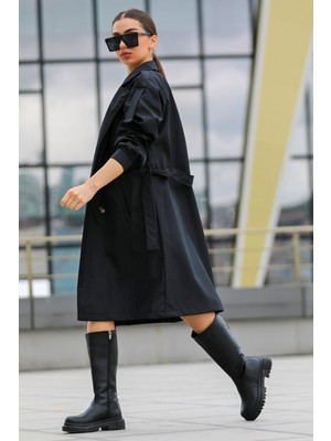 Julude Siyah Kadın Kruvaze Yaka Astarlı Bel Kuşaklı Tarz Trençkot P-00007578