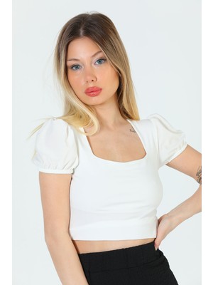 Julude Krem Kadın Kare Yaka Karpuz Kol Bluz P-00004049