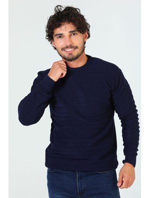 Julude Lacivert Erkek Bisiklet Yaka Çizgi Desenli Triko Kazak P-00005041