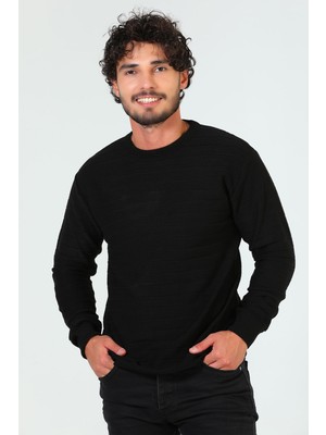 Julude Siyah Erkek Bisiklet Yaka Çizgi Desenli Triko Kazak P-00005041