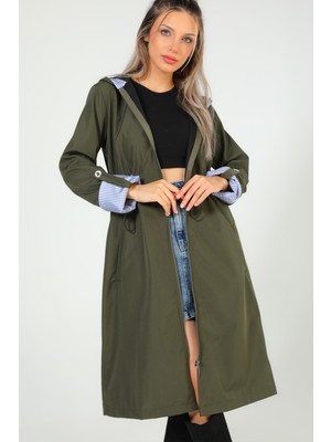 Julude Haki Kadın Kapüşonlu Bel Lastikli Uzun Trençkot P-00005908