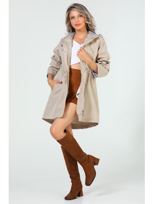 Julude Taş Kadın Kapüşonlu Çizgi Detaylı Trençkot P-00005071