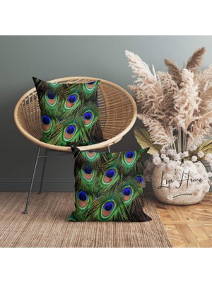 Tavus Kuşu Desenli Çift Taraflı Dekoratif 2'li Kırlent Kılıfı Seti