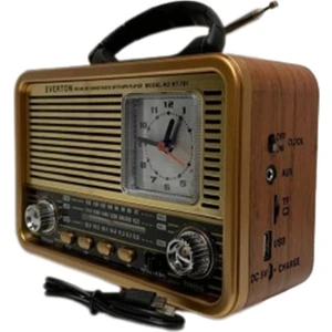 Şarjlı Nostalji Görünümlü Dijital Masa Saati Radio Bluetooth-Fm-Mp3 Fener Işıldak Açık Kahve