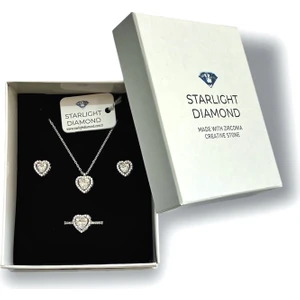 Starlight Diamond Rodyum Kaplama Kalpli Kolye Küpe Yüzük Gümüş Takı Seti Beyaz Taşlı