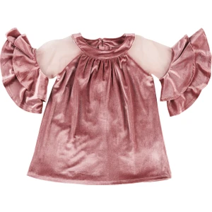 Kız Çocuk Kolları Volan Detaylı Kadife Elbise