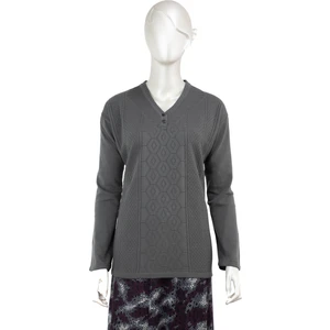 Kadın Kışlık Kendinden Zümrüt Motifli Iki Düğmeli Armut Yakalı Normal Kesim Likralı Pamuklu Triko Dokuma Anne Kazak