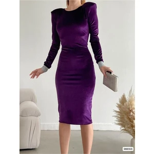 Kadın Mor Renk Kadife Vatkalı Midi Manşet Kol Detaylı Abiye Elbise 14E-2165