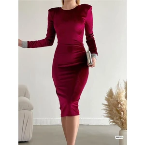 Kadın Bordo Kadife Vatkalı Midi Manşet Kol Detaylı Abiye Elbise 14E-2168