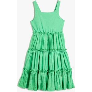 Askılı Elbise Kare Yaka Dokulu Katlı