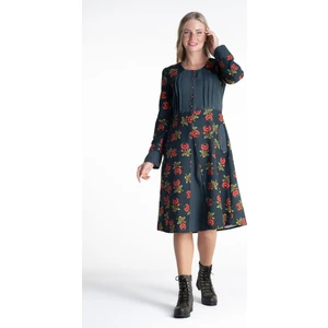 Eliş Şile Bezi Uzun Kol Pazen Kamelya Nervürlü Midi Boy Sonbahar ve Kışlık Elbise Petrol Ptrl