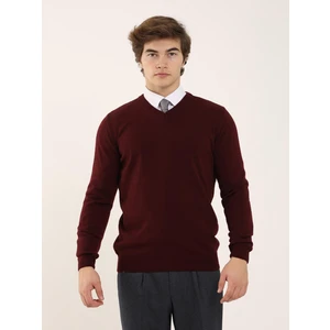 Bordo Erkek Slim Fit V Yaka Triko