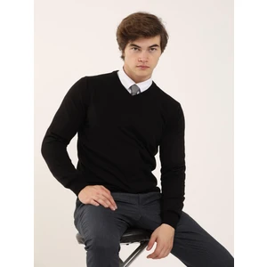 Siyah Erkek Slim Fit Düz Klasik V Yaka Triko