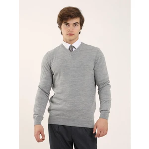 Gri Melanj Erkek Slim Fit V Yaka Triko
