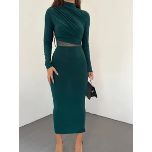 Esnek Sandy Kumaş Tül Dekolte Detaylı Dik Yaka Uzun Kollu Midi Boy Kalem Elbise