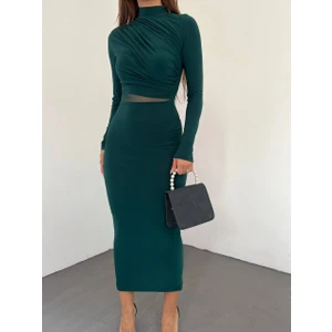 Esnek Sandy Kumaş Tül Dekolte Detaylı Dik Yaka Uzun Kollu Midi Boy Kalem Elbise