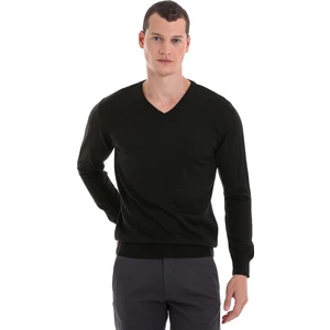 Siyah Regular Fit Düz V Yaka Yünlü Triko Kazak