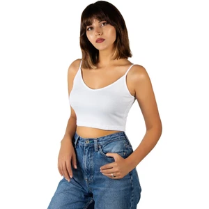 Terapi Men Kadın Beyaz Ip Askılı Fitted/vücuda Oturan Fitilli Örme Crop Top Bluz 23K-TRP-CRP05