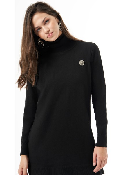 Broş Detaylı Balıkçı Siyah Triko modelleri