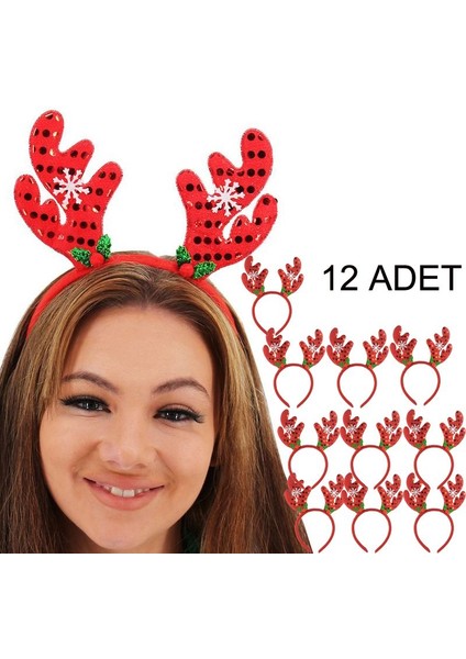 Kırmızı Pullu Kumaş Kaplama Yılbaşı Geyik Tacı 12 Adet 24x21 Cm