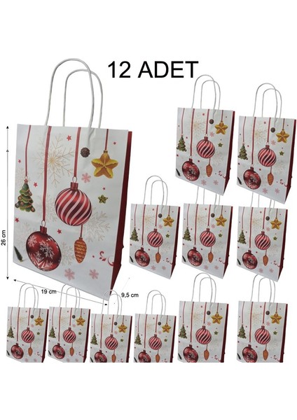 Saplı Kraft Yılbaşı Hediye Çantası Poşeti 26x9,5x19 Cm 12 Adet Model 3