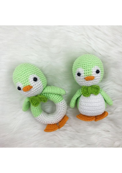 Amigurumi Penguen Çıngırak ve Oyuncak Seti (Yeşil)