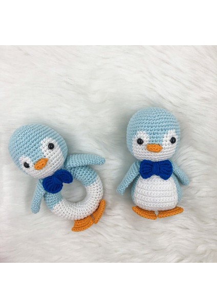 Amigurumi Penguen Çıngırak ve Oyuncak Seti (Mavi)