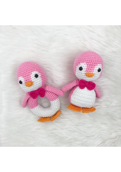 Amigurumi Penguen Çıngırak ve Oyuncak Seti (Pembe)