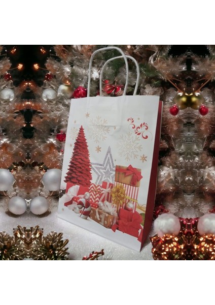 Saplı Kraft Yılbaşı Hediye Çantası Poşeti 26x9,5x19 Cm 12 Adet Model 2