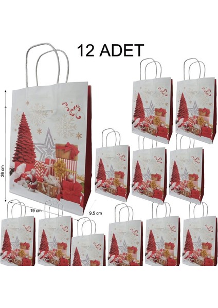 Saplı Kraft Yılbaşı Hediye Çantası Poşeti 26x9,5x19 Cm 12 Adet Model 2