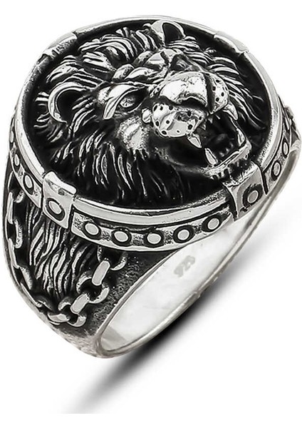 Gümüş Aslan Figürlü Erkek Yüzük