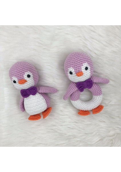 Amigurumi Penguen Çıngırak ve Oyuncak Seti (Mor)