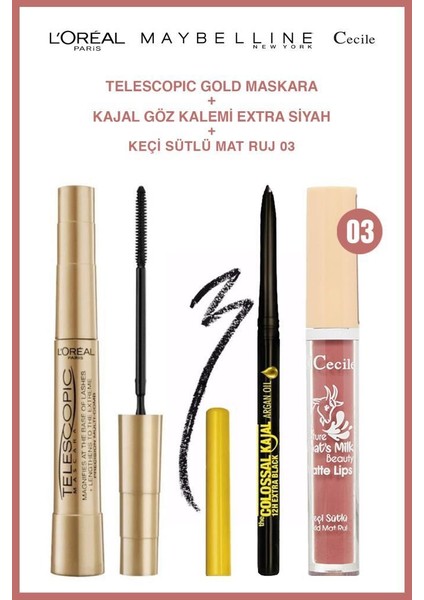 Maybelline Kajal Kalem Loreal Telescopic Cecile Mat Ruj 03 Günlük Makyaj Seti