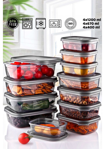 12'li Lux Saklama Kabı Seti - Kahvaltı Buzdolabı Kabı Seti (400ML-670ML-1200ML)