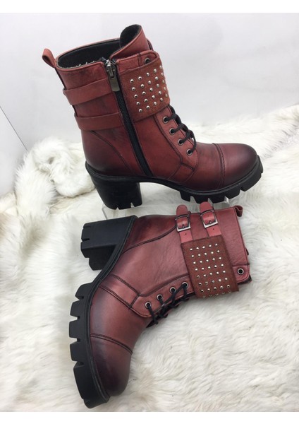 Çiğdem Bordo Gerçek Deri Kalın Taban Kalın Topuk Taş Detaylı Postal (B3) - Bordo - 40 - ST01496-BORDO-40