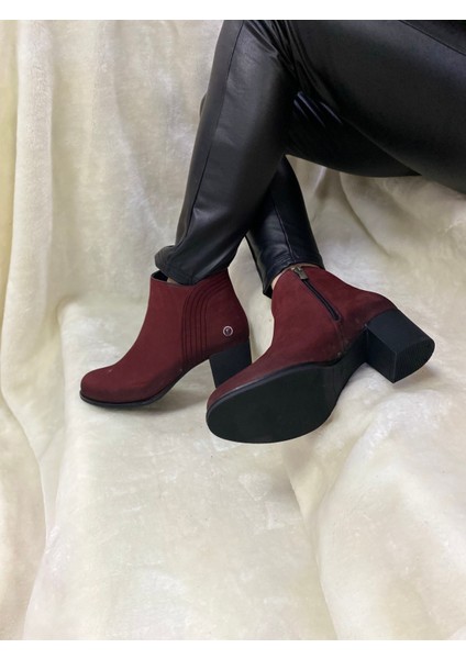 Çiğdem Gerçek Deri Bordo Süet Fermuarlı Topuklu Kadın Bot (B12) - Bordo - 39 - ST01441-BORDO-39