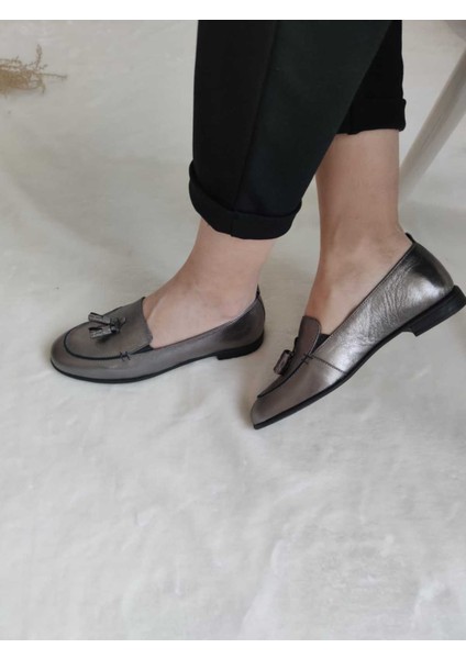 Püsküllü Deri Ayakkabı - Simli Platin - 36 - ST00852-SİMLİ Platin-36