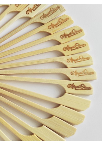 100 Adet Bambu Yassı Çöp Şiş 9 cm - Afiyet Olsun Yazılı Kanepe Kürdanı - Kalınlık: 3 mm