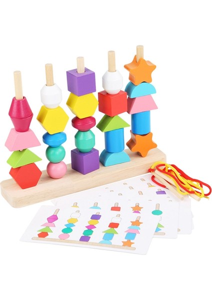 Wooden Beads Sequencing Toy Set, Stacking Blocks & Lacing Beads & Matching Shape Stacker For 2 3 4 5 Years Old S4E5 (Yurt Dışından)