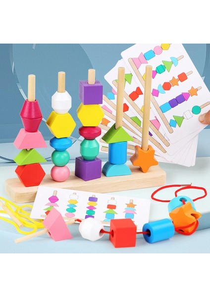 Wooden Beads Sequencing Toy Set, Stacking Blocks & Lacing Beads & Matching Shape Stacker For 2 3 4 5 Years Old S4E5 (Yurt Dışından)