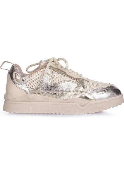 Deri Altın Renk Detaylı Bej Kadın Sneakers