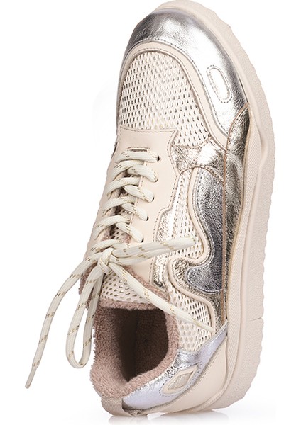 Deri Altın Renk Detaylı Bej Kadın Sneakers indirimleri