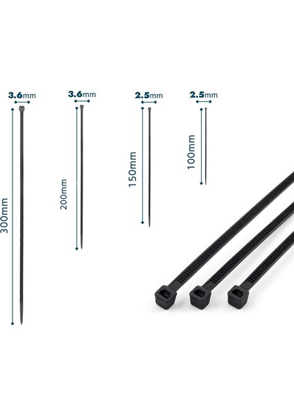 500 Adet Hava ve Isıya Dayanıklı Kablo Bağları Uv Dayanıklı Kablo Bağları Boyutları 100X2.5MM,150X2.5MM,200X3.6MM,300X3.6MM (Yurt Dışından)